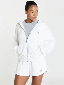 11SKNDS Cropped Zip-Up Hoodie With Oversized Relaxed Fit, Ribbed Hem, Soft Fleece, Casual Everyday Layering Essential For Fall Winter - White - View 1