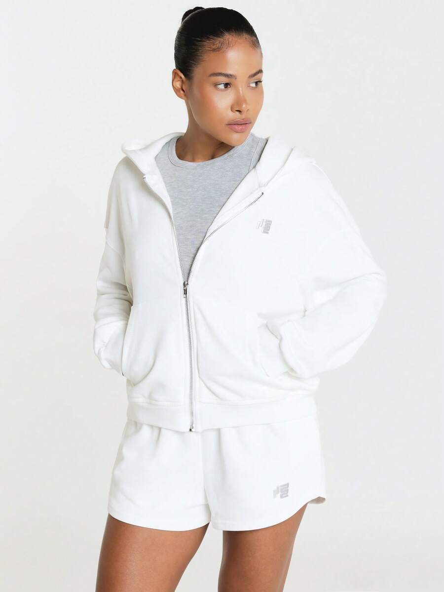11SKNDS Cropped Zip-Up Hoodie With Oversized Relaxed Fit, Ribbed Hem, Soft Fleece, Casual Everyday Layering Essential For Fall Winter - White - View 1