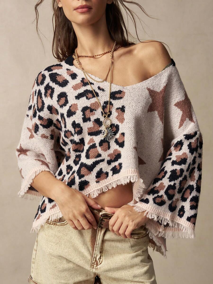 Bohemela Women's Fashion Vintage Leopard Print & Star Sweater - Brown - View 1