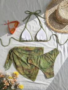 Sunnyshic 女款夏季海灘度假鮮豔花卉掛脖綁背性感比基尼泳衣3件套 - 綠色 - 查看 2