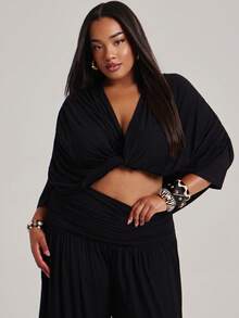 NYA SZN Plus Curve Matching Set Top Pant Draped Long Sleeve V Neck Wide Leg Casual Sexy Summer Elegant Luxury Black Outfits For Women Vacation Formal - Brown - View 5
