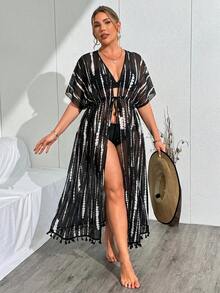 Swim Lushoire 夏季海灘度假流蘇裝飾大尺碼女款紮染和服式開襟衫 - 黑與白 - 查看 1