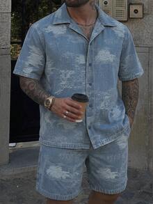 DAZY Men's Plus Size Short Sleeve Single-Breasted Shirt And Shorts Casual Denim Set Summer - Blue - View 8