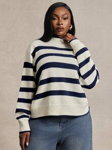 Radiana Curve Plus Size Women's Striped Stand Collar Drop Shoulder Long Sleeve Casual Sweater In Fall/Winter - Blue and White - View 1