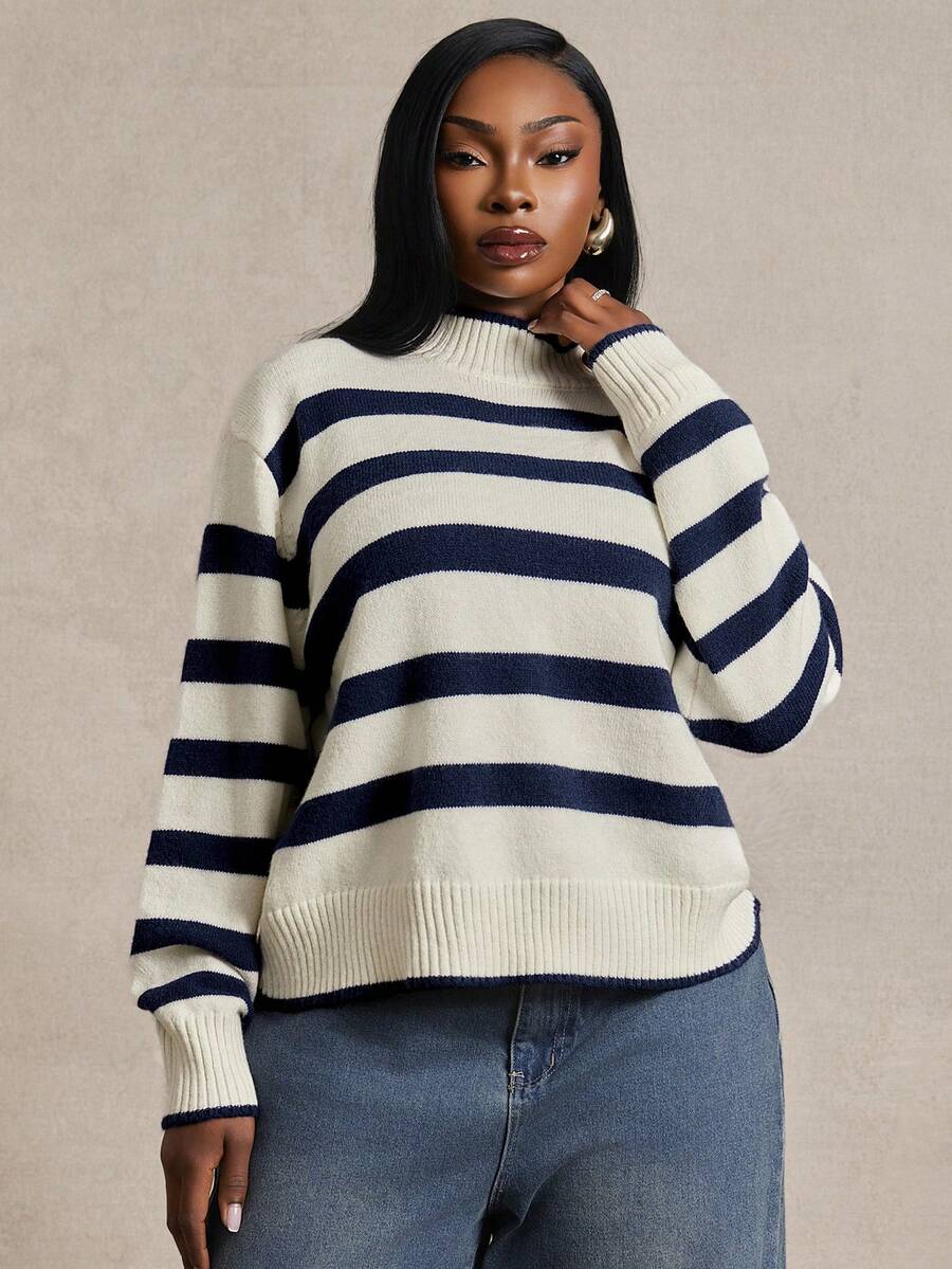 Radiana Curve Plus Size Women's Striped Stand Collar Drop Shoulder Long Sleeve Casual Sweater In Fall/Winter - Blue and White - View 1
