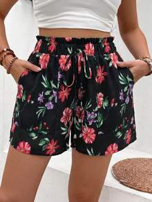 Breezaya Women's Elegant Casual Floral Ruffle Waist Shorts - Black - View 8