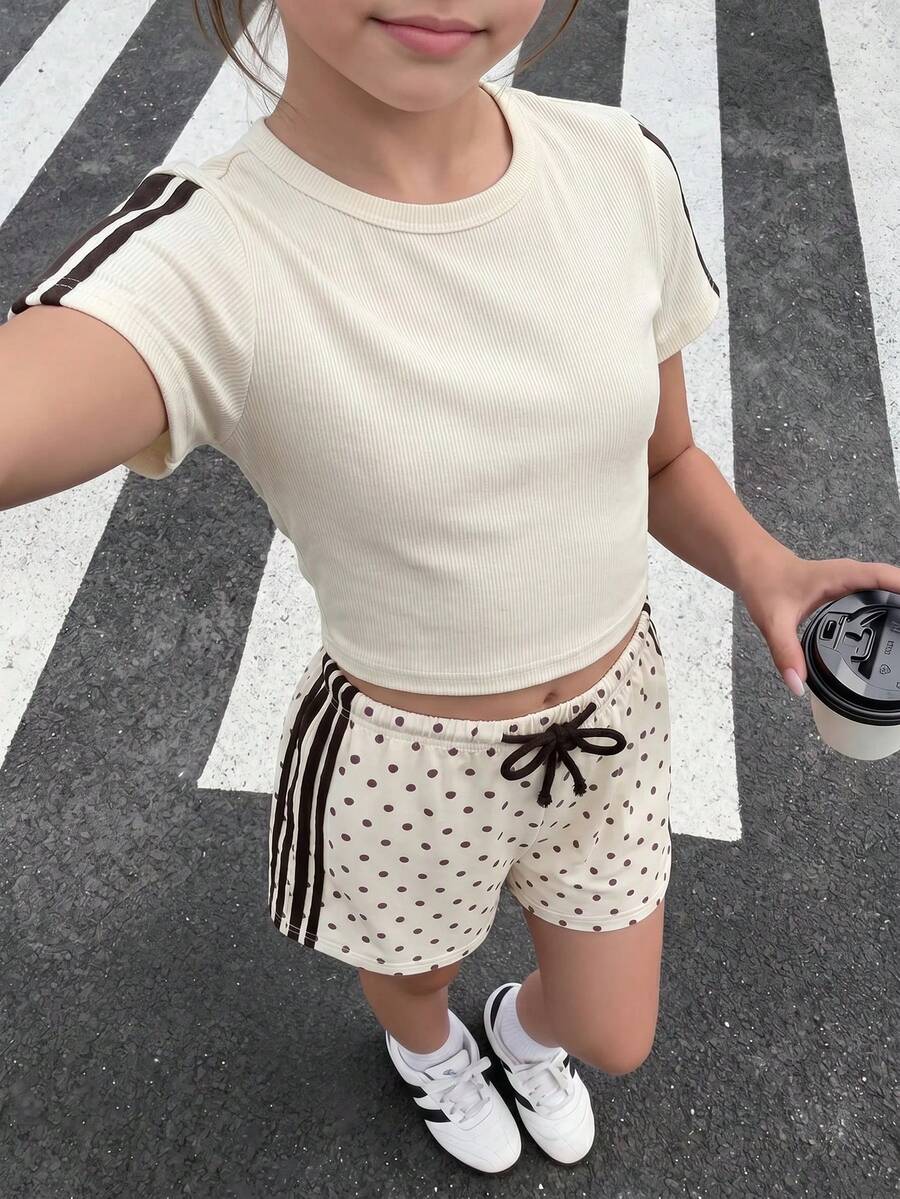 SHEIN Tween女孩休閒拼色粉色織帶棕色針織短褲套裝,夏季兩件式休閒運動套裝,棕色短褲套裝夏季度假 - 彩色 - 查看 1