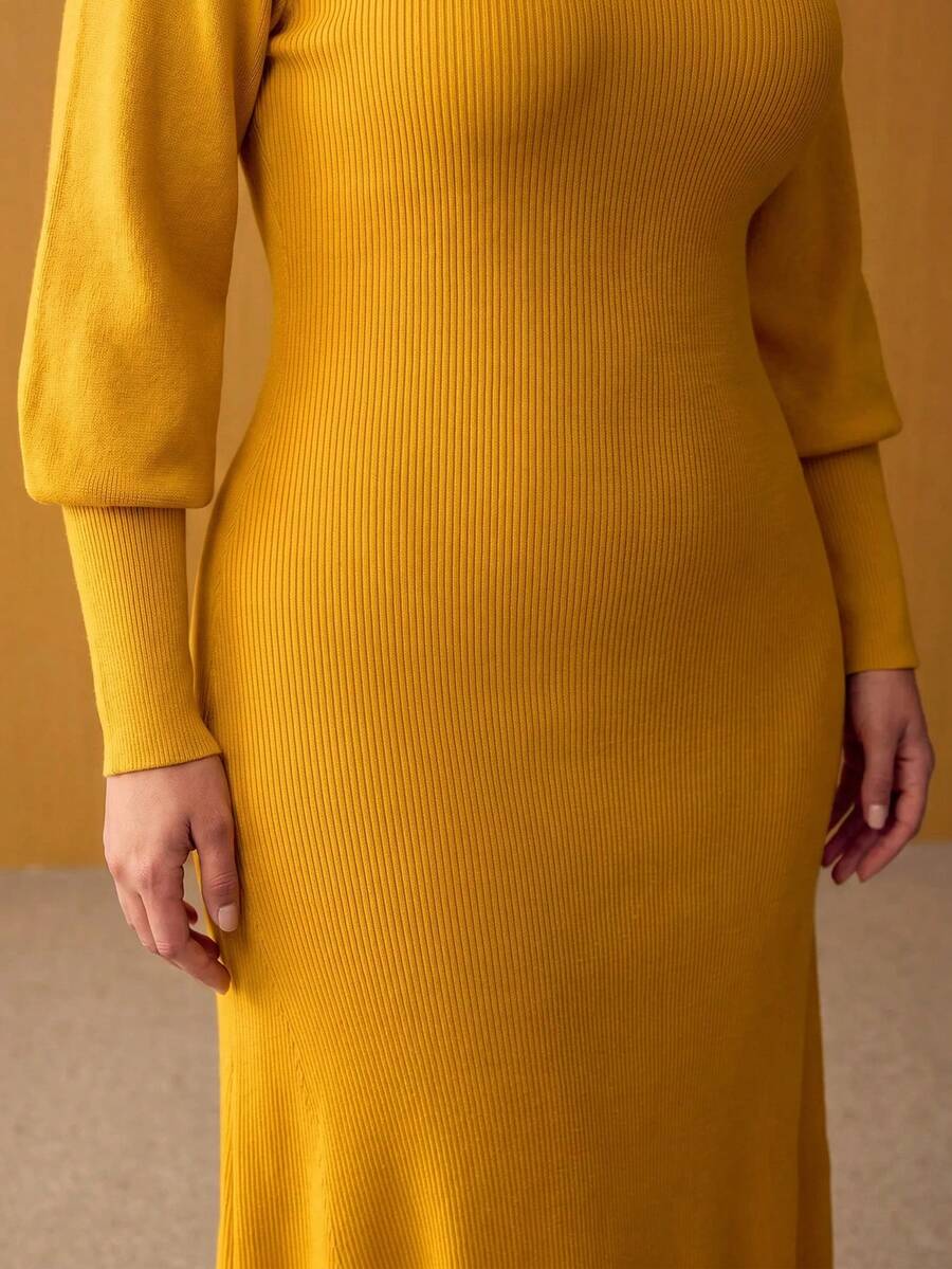 MOTF PREMIUM PLUS SIZE SOLID COLOR ROUND NECK LONG SLEEVE SWEATER DRESS WITHOUT BELT - Yellow - View 2