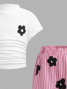 SHEIN 少女花卉印花百褶腰 T恤與條紋休閒長褲套裝 - 彩色 - 查看 4