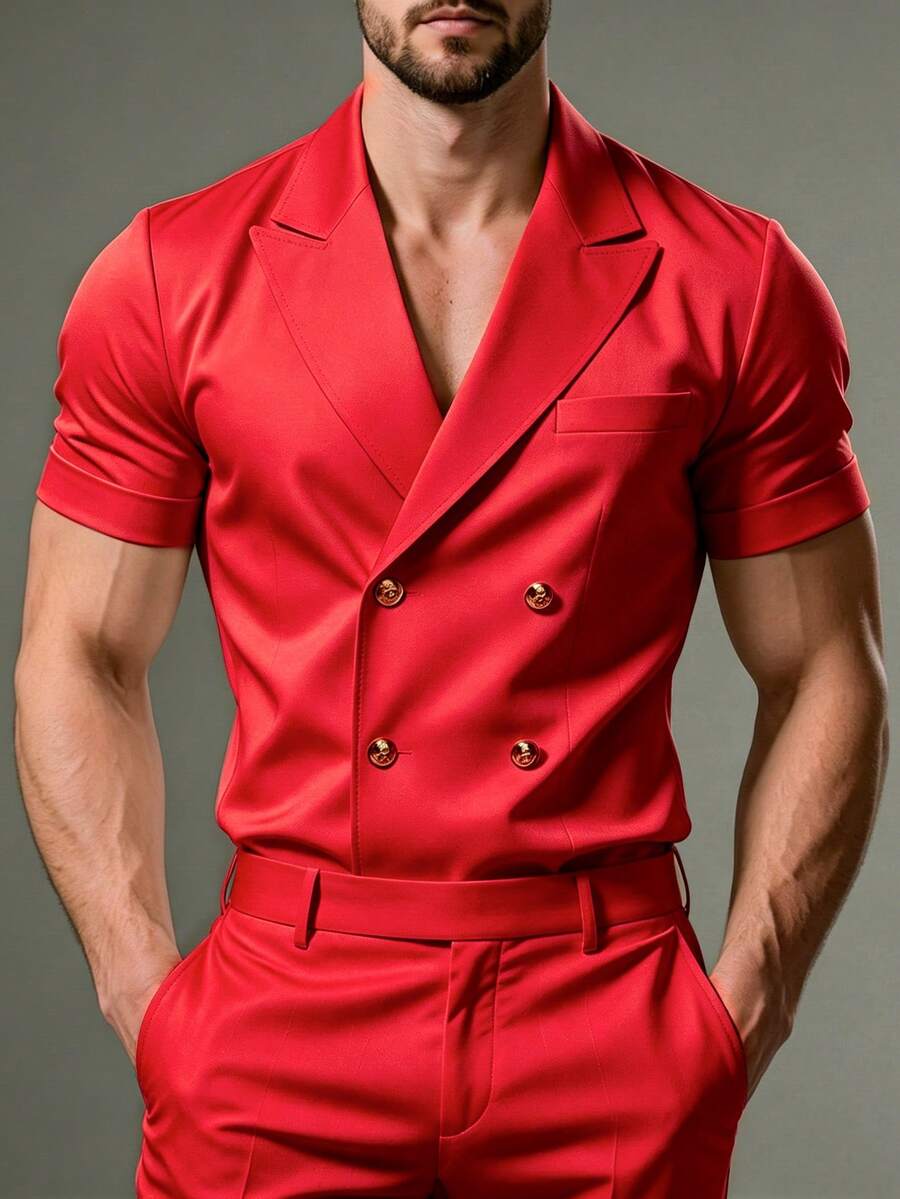 Manfinity Mode Fashionable Men's Solid Color Notch Lapel Short Sleeve Blazer For Daily Wear - Red - View 1
