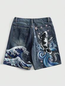ROMWE MEN Anime Men's Distressed Washed Vintage Denim Shorts, Koi Cherry Blossom Wave Embroidery, Wide Leg Straight Knee-Length Shorts, Y2K Summer Retro Street Hip-Hop Style - Blue - View 1