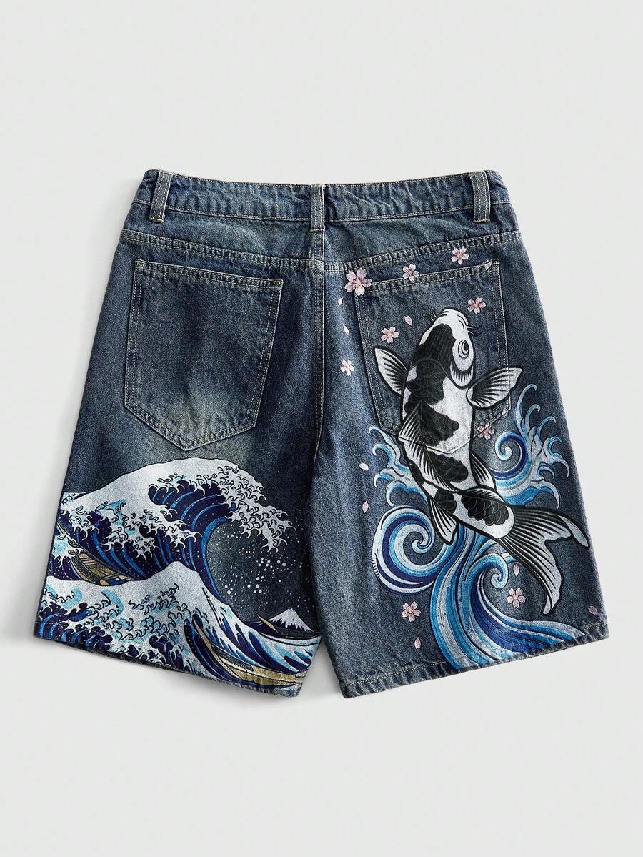 ROMWE MEN Anime Men's Distressed Washed Vintage Denim Shorts, Koi Cherry Blossom Wave Embroidery, Wide Leg Straight Knee-Length Shorts, Y2K Summer Retro Street Hip-Hop Style - Blue - View 1