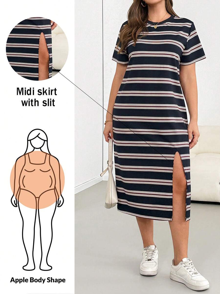 Shapeblank 大尺碼女款春夏時尚休閒寬鬆舒適日常基本百搭深藍色寬條紋短袖中長洋裝,夏季穿搭,簡約風格,歐式夏季 - 藏蓝色 - 查看 1