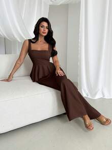 Firerie Spring/Summer Elegant Minimalist Daily Fashion Modern Commuter Fitted Women's Set, Dark Brown Solid Color Textured Fabric Sleeveless Tank Top Set - Brown - View 7