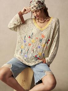 Bohemela Women's Floral Pattern Asymmetrical Shoulder Casual Versatile Daily Wear Long Sleeve Sweater - Apricot - View 2