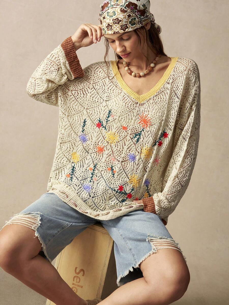 Bohemela Women's Floral Pattern Asymmetrical Shoulder Casual Versatile Daily Wear Long Sleeve Sweater