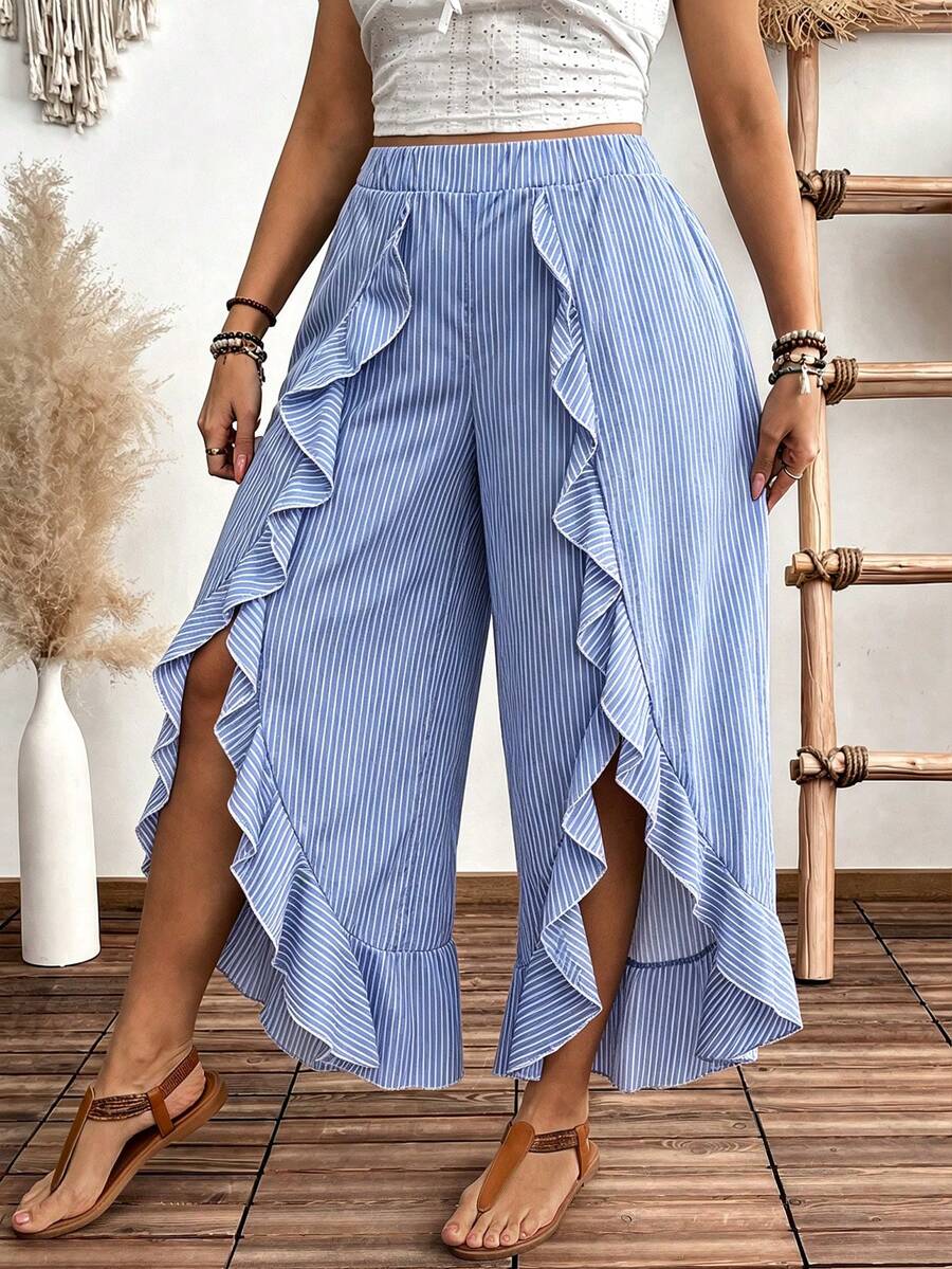Weeklong Plus Size Women's Floral Print Vacation Style Split Hem Ruffle Wide Leg Pants Fall - Sky Blue - View 1