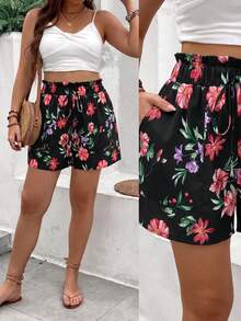 Breezaya Women's Elegant Casual Floral Ruffle Waist Shorts - Black - View 4