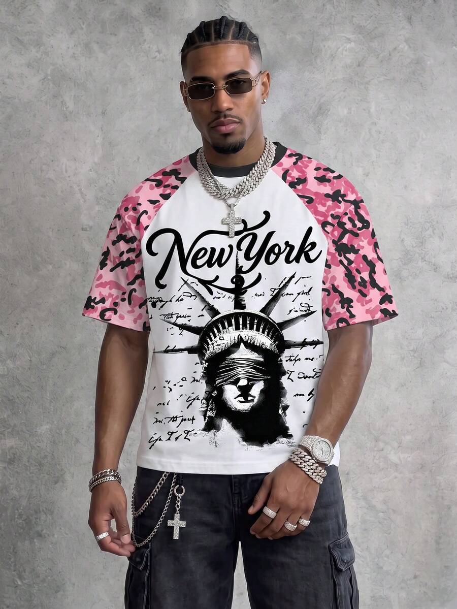 Manfinity EMRG Men's Casual Letter & Sculpture Print Raglan Sleeve Round Neck T-Shirt, Summer - Multicolor - View 1