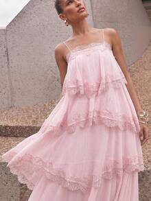 Lumalex Spring/Summer New Chiffon Ruched Contrast Lace Adjustable Strap Backless Dress - Baby Pink - View 3