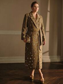 MOTF PREMIUM PLUS SIZE FASHIONABLE ELEGANT LAPEL COLLAR CHIC ELEGANT SEQUIN OVERCOAT - Yellow - View 4