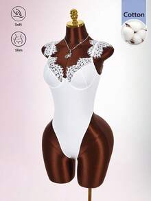 Amplova Solid Color Lace Trim Patchwork Cup Underwire Strap Short Sleeve Sexy Elegant Women's Bodysuit Night Out White Summer - White - View 11