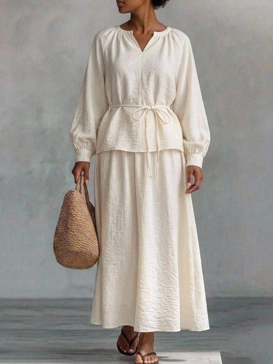 DAZY Casual Beige Long Shirt And Long Skirt 2 Pieces Set For Women, Spring/Summer Lounge Sets For Women - Beige - View 1