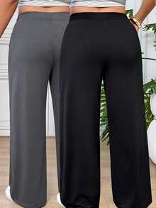 SHEIN EZwear 大尺碼休閒柔軟牛仔風百搭純色直筒長褲 健身運動 白色 灰色 夏季居家服 - 彩色 - 查看 2
