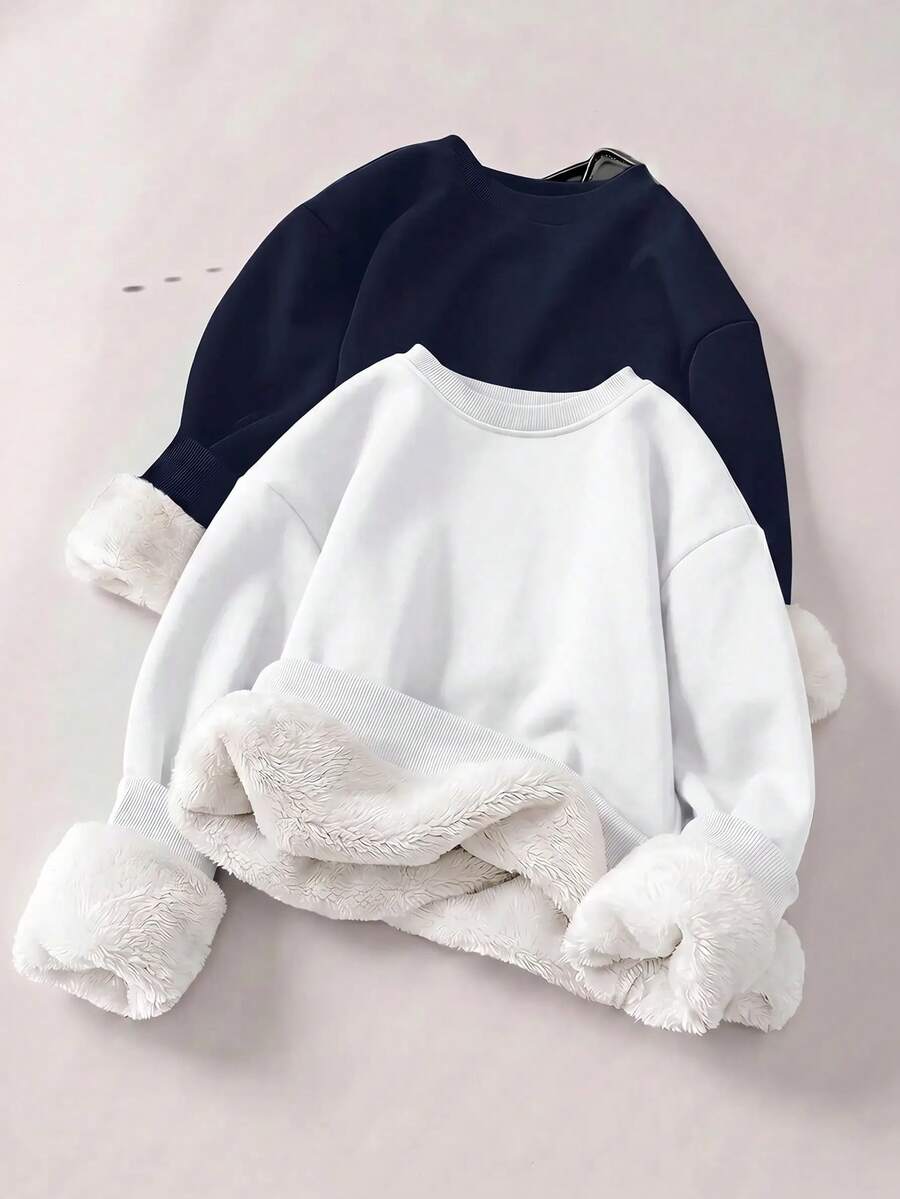 SHEIN 2件組 BASICS 青少女休閒百搭舒適抓絨內裡圓領寬鬆長袖針織套頭衛衣,2款各1件,適合通勤、上學、日常休閒、度假旅行、運動,秋冬款 - 彩色 - 查看 1