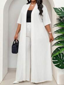 SHEIN Lady Plus Size Elegant Solid Color Front Open Short Sleeve Jacket And Drawstring Waist Pants 2-Piece Set, Summer Tea Party Vacation White - White - View 3