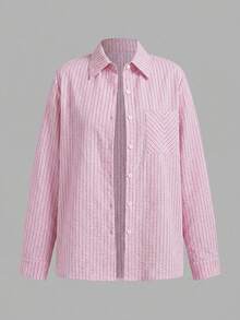 SHEIN LUNE 女款休閒粉色與白色條紋白襯衫及長褲三件套，秋季服裝，套裝，適合工作、早午餐、度假、旅行穿著 - 粉色 - 查看 17