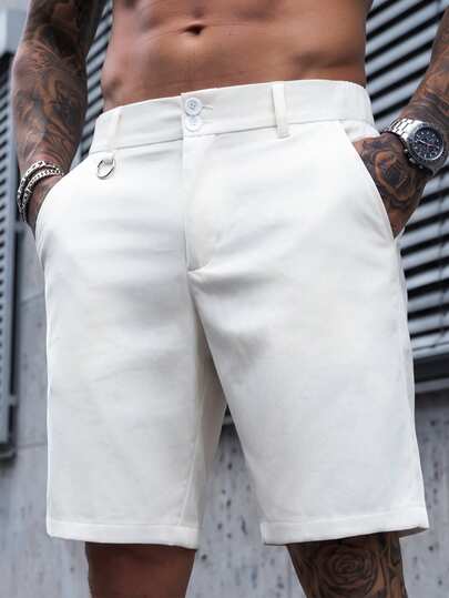 Manfinity CasualCool Men's Casual Streetwear Solid Color Straight Leg Shorts, Suitable For Daily Wear, Weekend Outings, Travel, Friends Gathering Vacation All White Summer