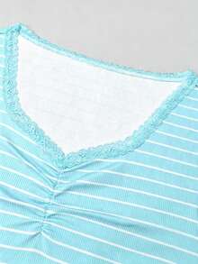 SHEIN Women's New Pink Striped Print V-Neck Lace Trim Short Sleeve T-Shirt, Sweet Cute Striped Print Pink Summer Ruched Versatile Casual T-Shirt Top, Suitable For Daily Home, Outdoor Walking, Shopping - Mint Blue - View 4