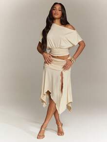 Denimoi 2 Pieces Set Asymmetrical Skirt And Off Shoulder Top Matching Set Vacation Outfits Brunch Summer - Apricot - View 3