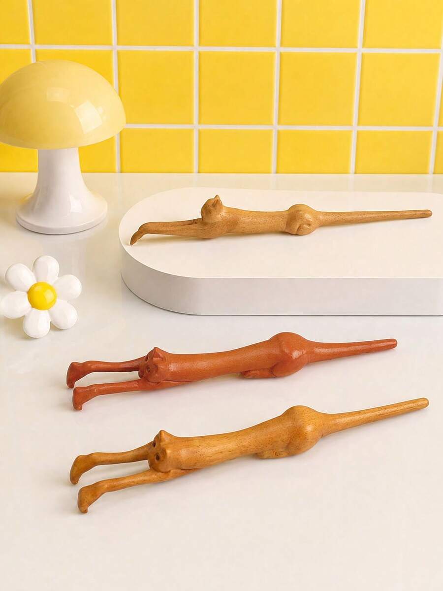 Zazumi 1pc Creative Wooden Cat-Shaped Long-Handled Back Scratcher – Featuring Kitten Design, This Household Back-Scratching Tool Comes In Various Sizes And Serves As A Handy, Stress-Relieving Accessory For A Comfortable Massage. - multicolor - View 1