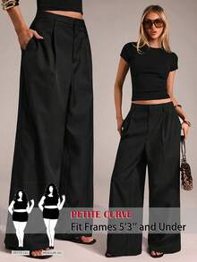 SHEIN PETITE CURVE CURVE 大尺碼女款小個子黑色休閒寬腿褲，高腰百搭夏季上班、休閒日常、派對褲 - 黑色 - 查看 1