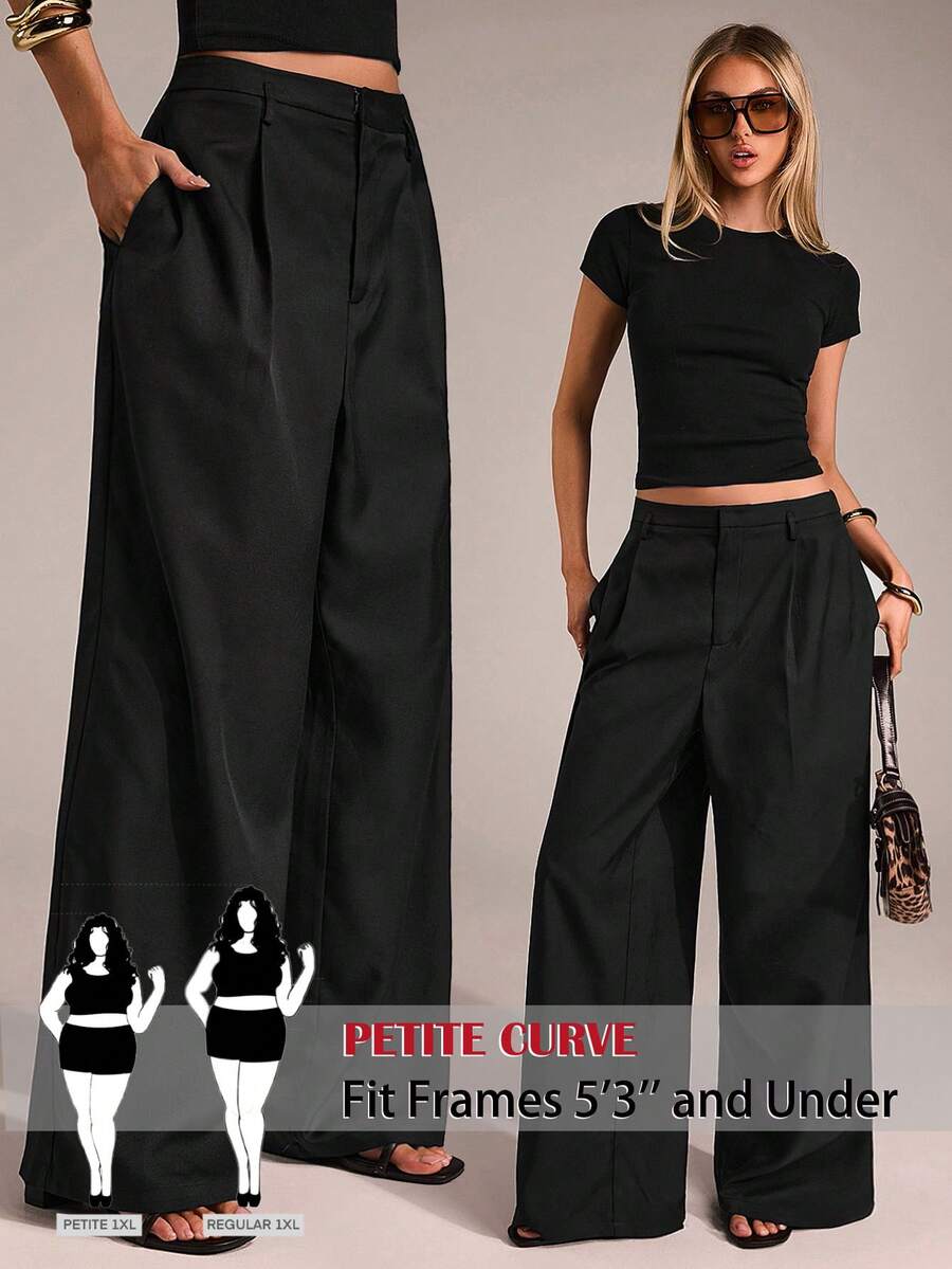 SHEIN PETITE CURVE CURVE 大尺碼女款小個子黑色休閒寬腿褲,高腰百搭夏季上班、休閒日常、派對褲 - 黑色 - 查看 1