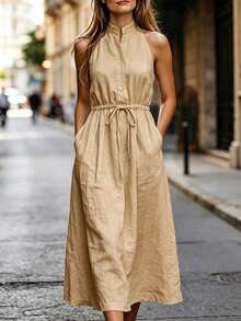 Balvessa Women's Minimalist Button Half-Placket Pocket Tie-Front Dress - Khaki - View 1