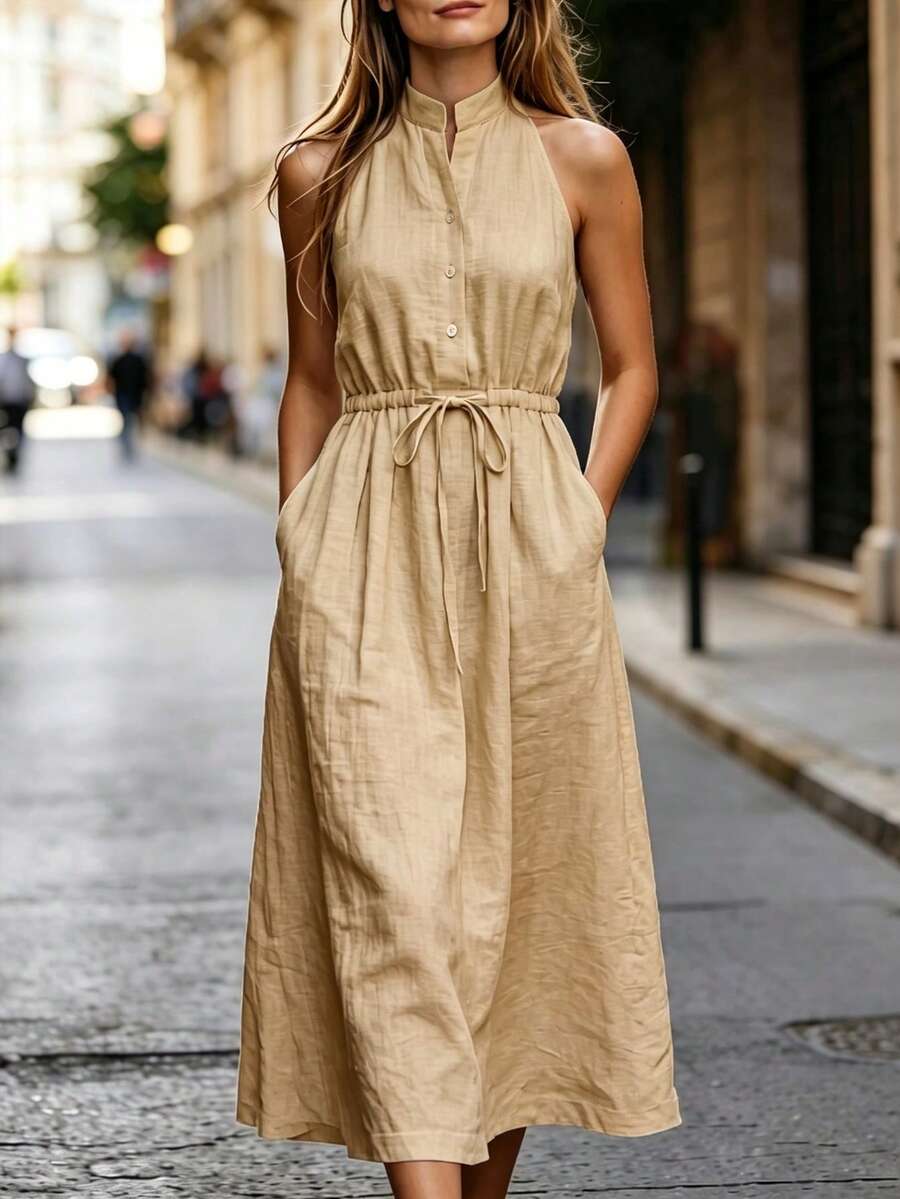 Balvessa Women's Minimalist Button Half-Placket Pocket Tie-Front Dress - Khaki - View 1