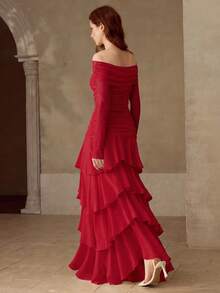 MOTF PREMIUM WOMEN'S RUCHED TEXTURE RUFFLE HEM OFF SHOULDER LONG DRESS, AUTUMN/WINTER - Red - View 3