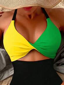 Swim Basics Women's Halter Neck Colorblock Ruched One-Piece Swimsuit, Suitable For Beach Vacation, Pool Party, Beach Party - Multicolor - View 3