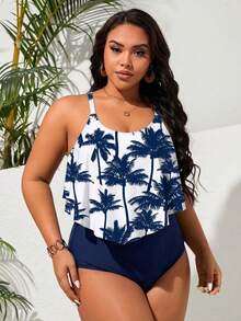 SHEIN Swim Curve 大尺碼女款椰子樹印花連身泳衣，適合海灘度假、泳池派對、海灘派對，海軍藍夏季熱帶風 - 藍色 - 查看 6