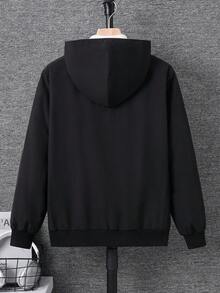 SHEIN 青少年男孩休閒黑色連帽拉鍊外套，附裝飾皮革貼片 - 黑色 - 查看 5