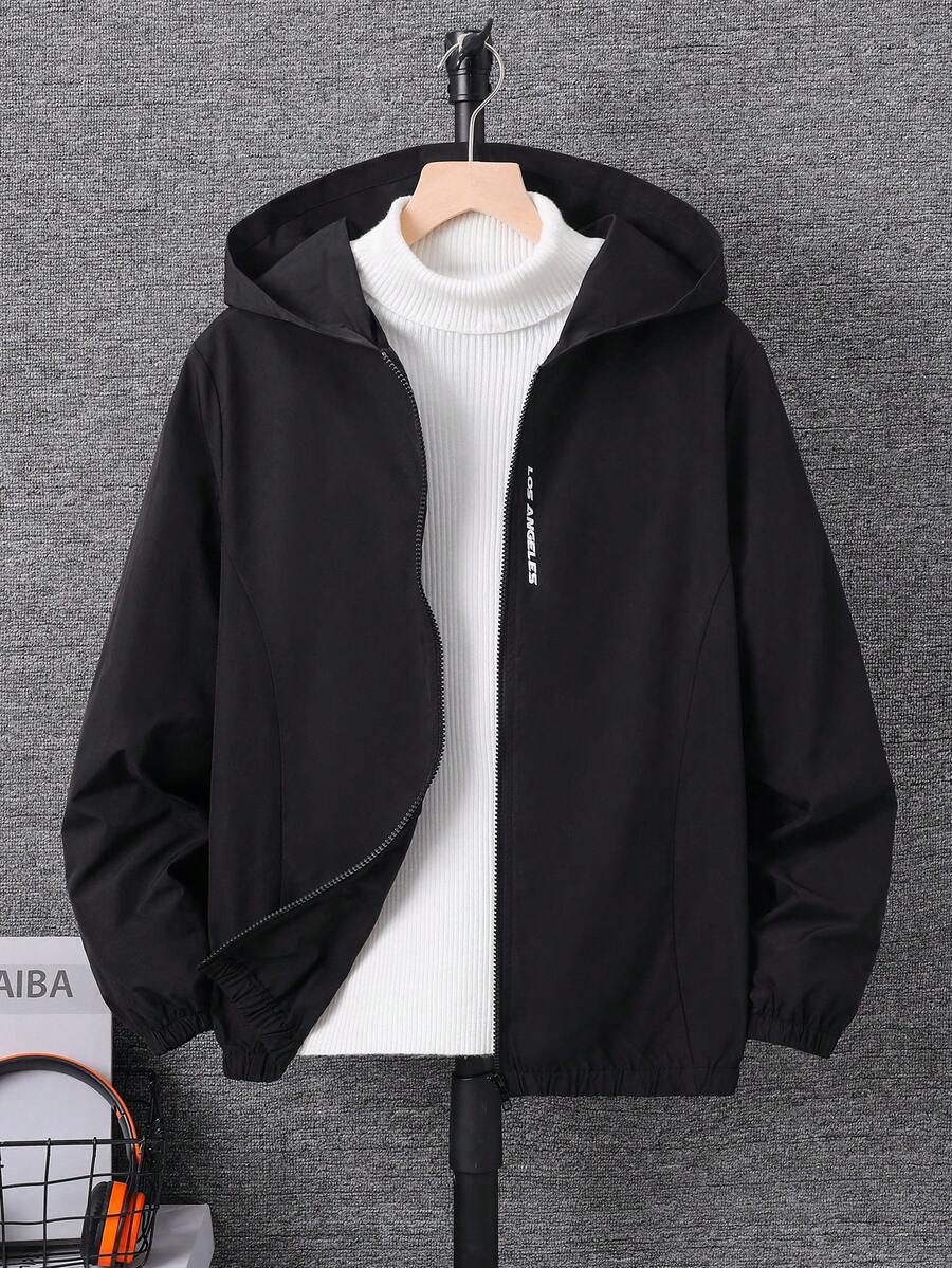 SHEIN 青少年男孩休閒字母圖案印花連帽夾克，輕量寬鬆版型拉鍊連帽外套