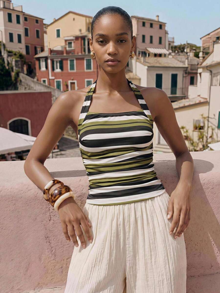 Maija Women's Black And White Striped Checkered Slim Fit Casual Tropical Coastal Sexy European Halter Neck Tank Top Going Out Vacation Beach Summer - Green - View 1