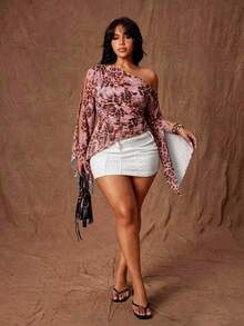 Rustia Blusa de moda para mujer talla grande con un hombro, abertura y manga acampanada - Rosa - Ver 6