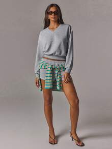 Athîral Women's Casual V-Neck Light Grey Solid Color Long Sleeved Loose Top Hoodie And Shorts Two Pieces Set Basic Versatile Daily Dating Outfit Lounge Fall - Grey - View 3