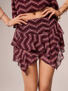 Willow Rêve Women's Brown Geometric Pattern Double Layer Chiffon Flirty Mini Skirt, Boho Style, Valentine's Day Style, Romantic Vacation Style, Travel,Skirt - Red - View 9