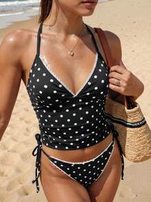 Swim Mod Conjunto de Bikini de Tirantes con Estampado de Cerezas Dulces y Cuadros de Verano - Blanco y Negro - Ver 5
