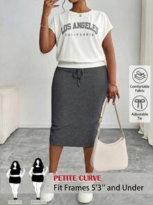 SHEIN PETITE CURVE 2件套加大码圆领短袖休闲字母印花夏季套装 - 深灰色 - 查看 2
